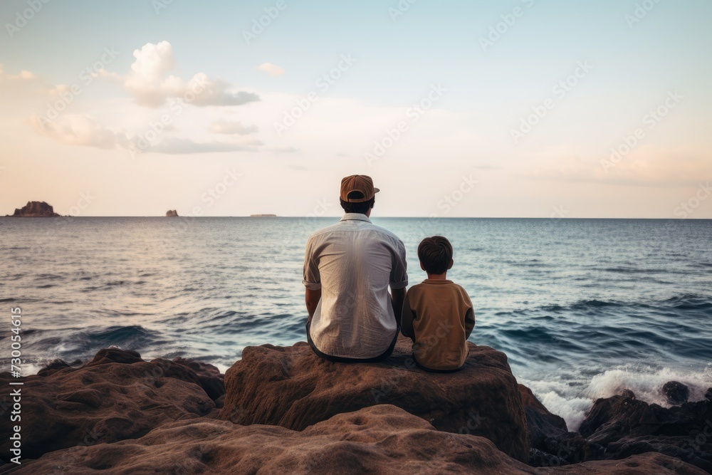 On the shore of the sea or ocean, a young dad enjoys quality time with his son, creating cherished memories.