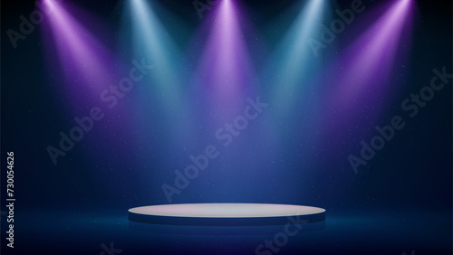 Stage, pink blue purple spotlights, podium. Background, backdrop for displaying products. Blue-pink stage spotlight on dark background. Beams of spotlights, glittering particles, a spot light. Vector