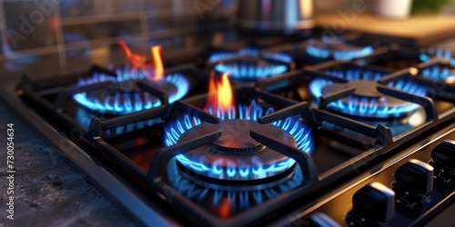 A detailed view of a gas stove with vibrant blue flames. Perfect for illustrating concepts related to cooking, kitchen appliances, or energy efficiency