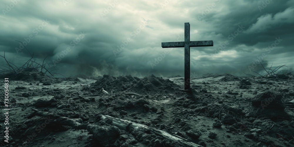 Fototapeta premium A cross standing in the middle of a dirt field. Suitable for religious or spiritual themes