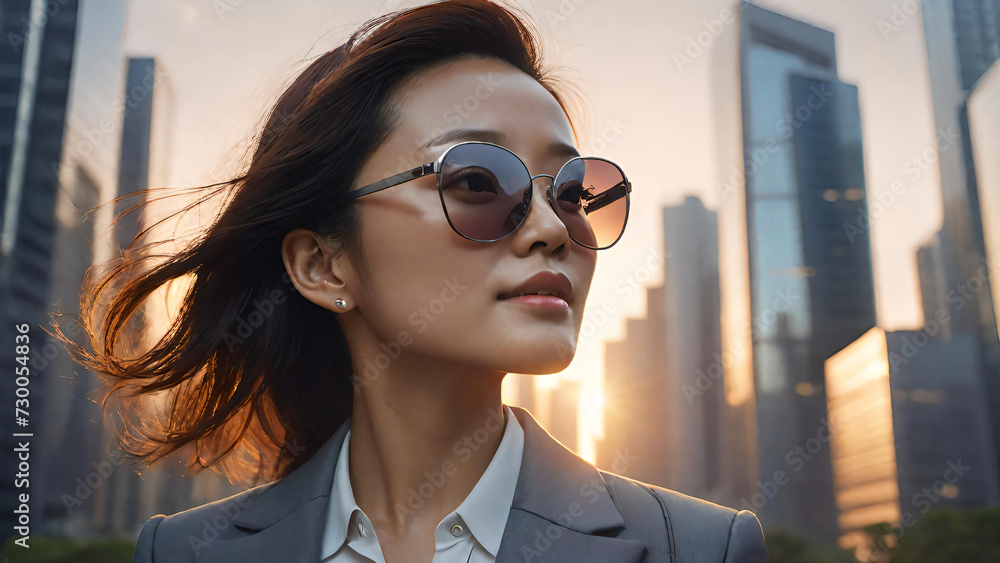Successful Asian businesswoman is considering new business opportunities in front of the background of tall buildings Successful Asian businesswoman is considering new business opportunities in front of the background of tall buildings