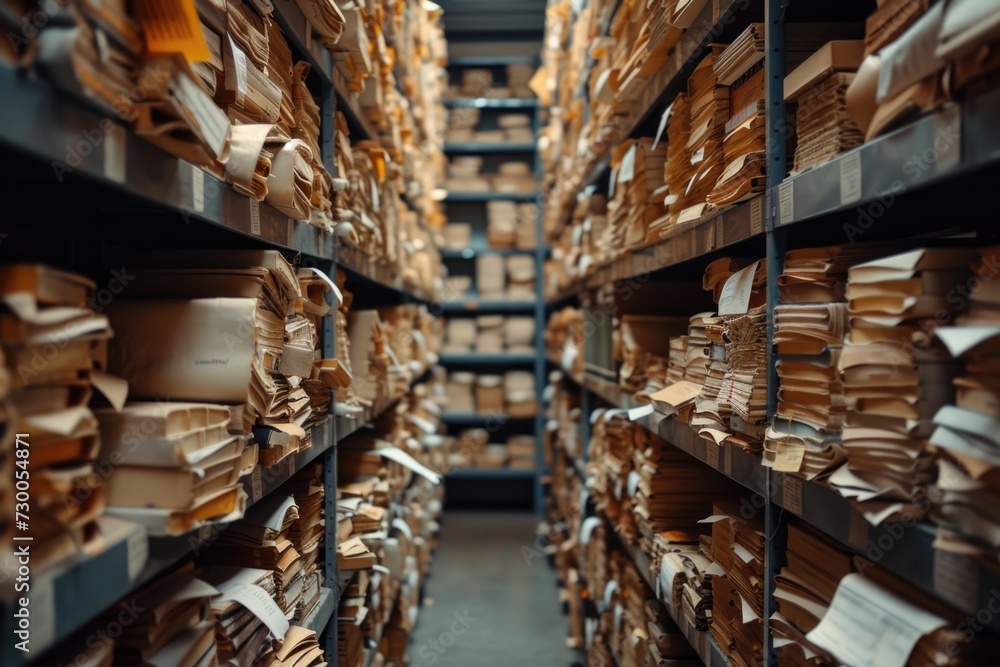 Fototapeta premium A warehouse filled with neatly stacked papers on shelves. Perfect for illustrating organization and storage.