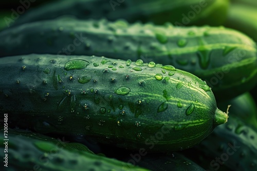 A collection of juicy cucumbers glistening with water droplets. Ideal for promoting healthy eating or showcasing the freshness of organic produce