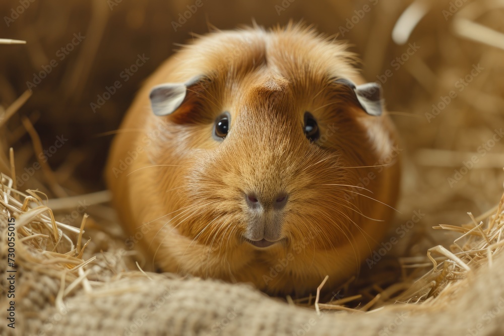 A small brown guinea sitting in a pile of hay. Suitable for farm animal themes or pet care promotions A small brown guinea sitting in a pile of hay. Suitable for farm animal themes or pet care promotions