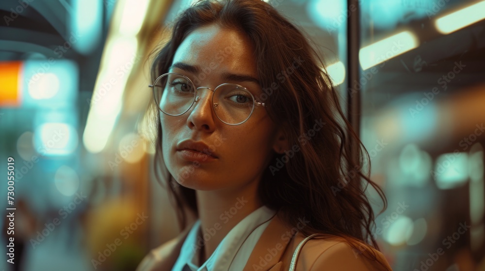 A woman wearing glasses stands in front of a window. This image can be used to represent contemplation, solitude, or introspection A woman wearing glasses stands in front of a window. This image can be used to represent contemplation, solitude, or introspection