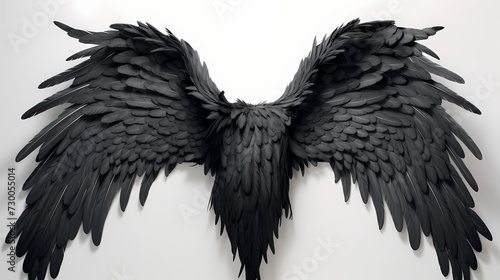 A close-up of intricate black angel wings, each feather meticulously defined, set against a pristine white backdrop, evoking a sense of enchantment