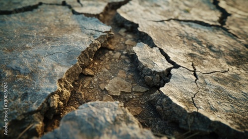 A detailed view of a crack in the ground. This image can be used to depict natural phenomena, geological formations, or environmental issues