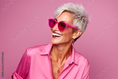 Portrait of a happy senior woman in pink sunglasses over pink background © Inigo