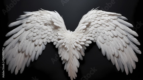 A close-up of intricate white angel wings, each feather meticulously defined, set against a solid black surface, evoking a sense of celestial enchantment