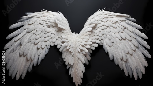 A close-up of intricate white angel wings, each feather meticulously defined, set against a solid black surface, evoking a sense of celestial enchantment © ALLAH KING OF WORLD