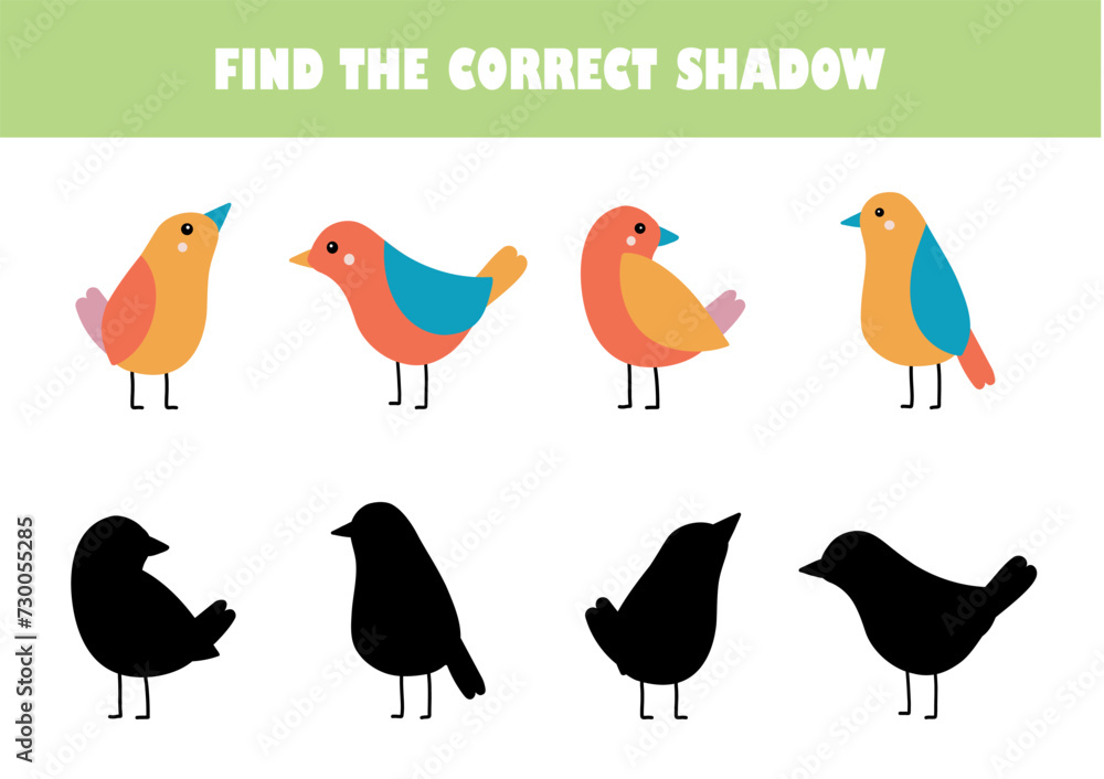 Find the correct shadow. Educational matching game for children. Kids learning game. Preschool worksheet activity. Find the correct shadow. Educational matching game for children. Kids learning game. Preschool worksheet activity.