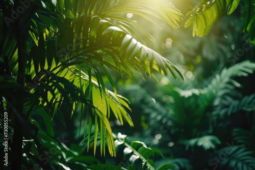 Sun shining through the leaves of a palm tree  perfect for tropical and summer-themed designs