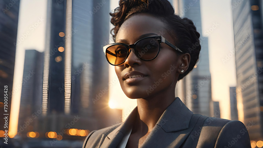 Successful African businesswoman is considering new business opportunities in front of the background of tall buildings