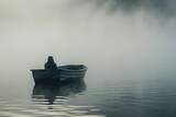 A person is sitting in a small boat on a serene lake. Perfect for outdoor and recreational themes
