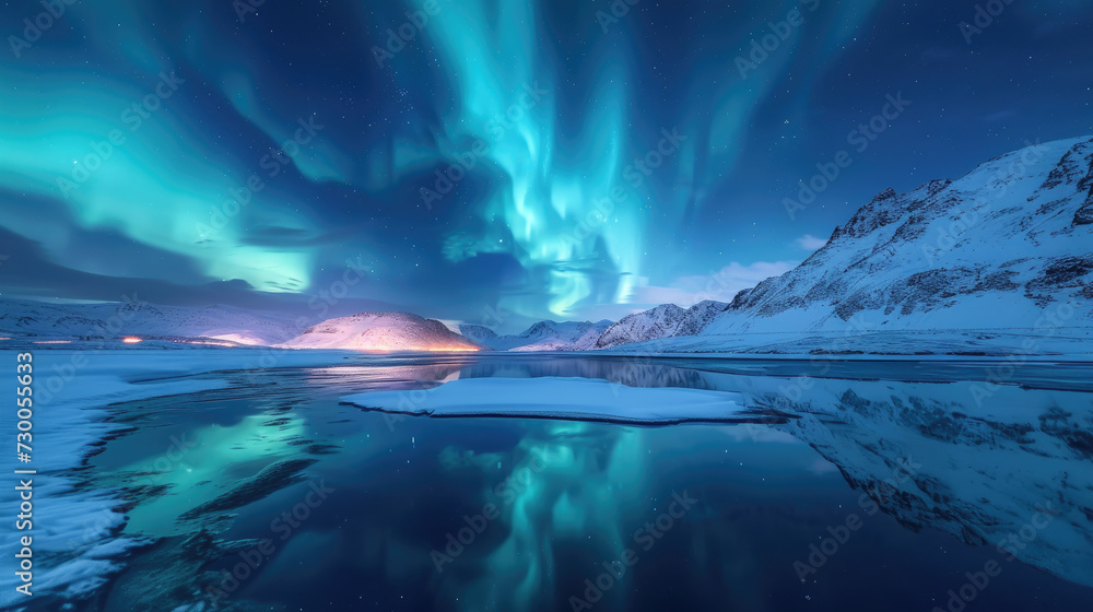 The dance of the Aurora Borealis in a kaleidoscope of colors over a peaceful snowy mountain range