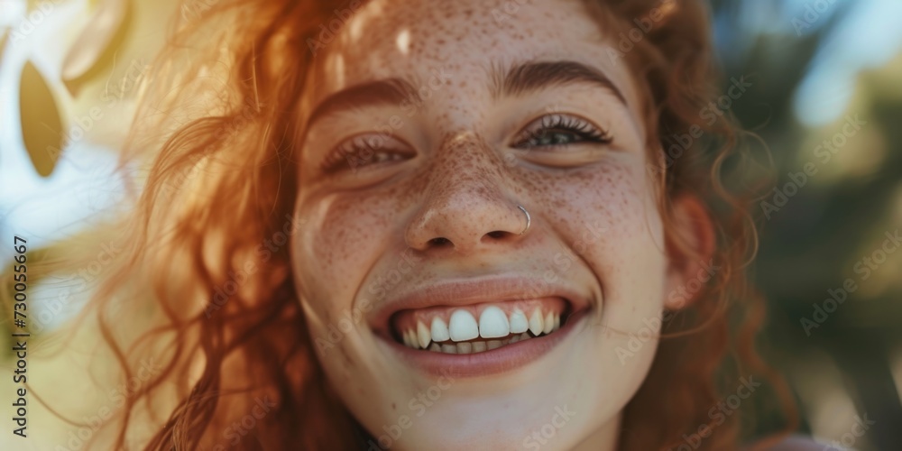 A close-up shot of a woman with natural freckles on her face. This image can be used to promote natural beauty or skincare products A close-up shot of a woman with natural freckles on her face. This image can be used to promote natural beauty or skincare products