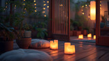 A candlelit relaxation space, with soft pillows and soothing ambiance as the background, during a quiet evening