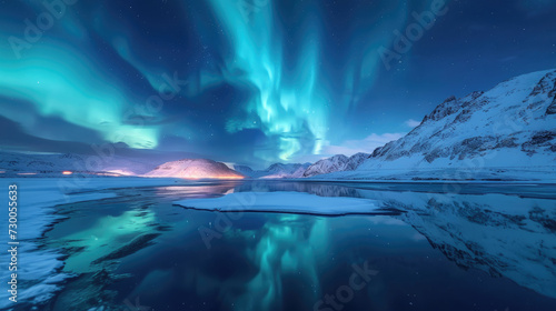 The dance of the Aurora Borealis in a kaleidoscope of colors over a peaceful snowy mountain range © boxstock production