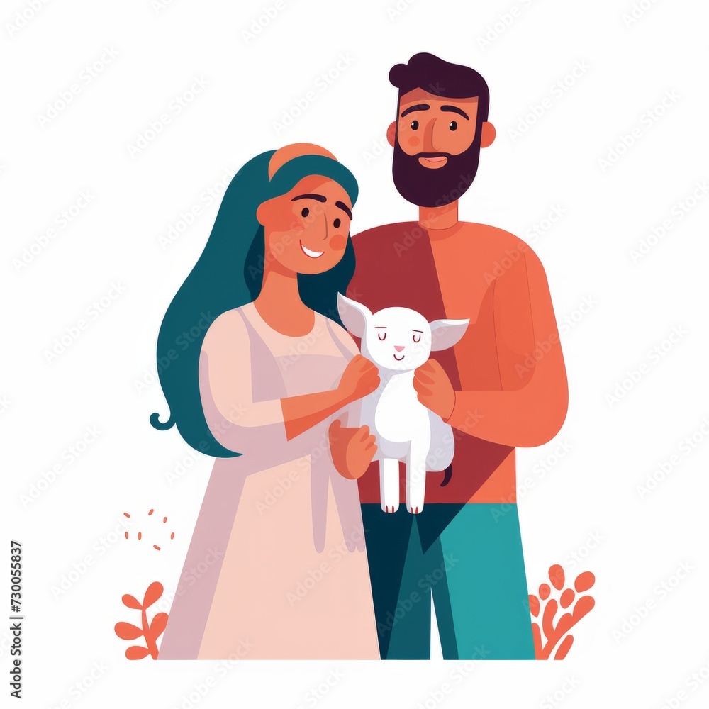 Couple with sacrifice animal celebrating eid al adha in a flat cartoon style, minimalist style, isolated on white background Couple with sacrifice animal celebrating eid al adha in a flat cartoon style, minimalist style, isolated on white background