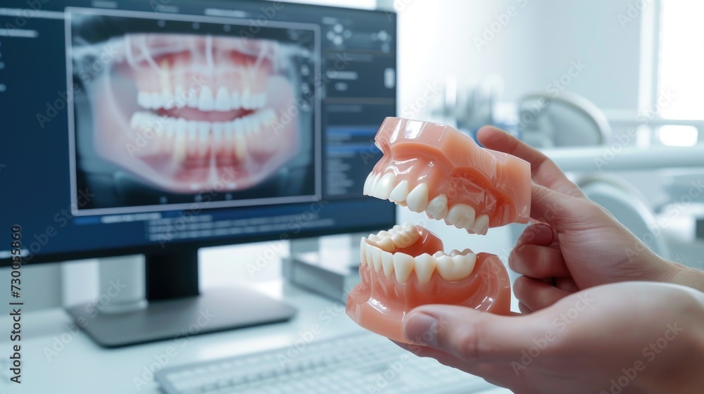 Tooth Using Computer A person is seen holding a model of teeth in front of a computer. This ...