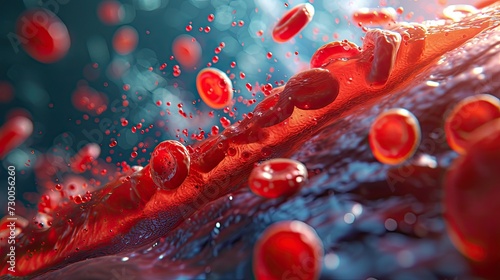a red cell surrounded by white blood cells move through a blood vessel photo