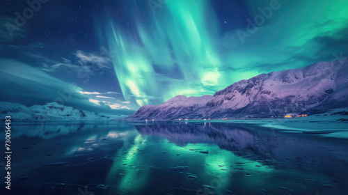 The dance of the Aurora Borealis in a kaleidoscope of colors over a peaceful snowy mountain range © boxstock production