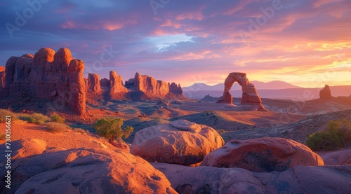 Sunrise at arches national park with mood lighting photo