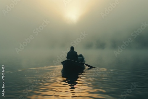 A person is seen sitting in a boat on a calm body of water. This image can be used to depict relaxation, leisure activities, or enjoying nature