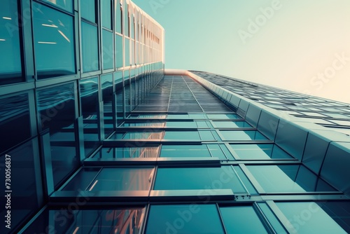 A picture of a tall building with numerous windows against a sky background. Suitable for architectural or urban concepts
