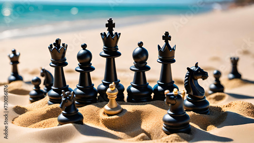 Chess pieces on the sand