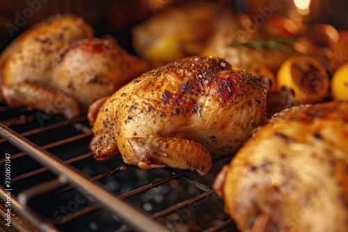 A group of chickens cooking on a grill. Ideal for food and cooking-related projects photo