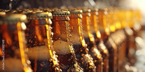 Row of beer bottles sitting on top of a table. Suitable for beer promotions and advertisements