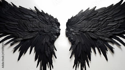 A detailed view of intricate black angel wings, with each feather meticulously defined, set against a pristine white surface, evoking a sense of enchantment