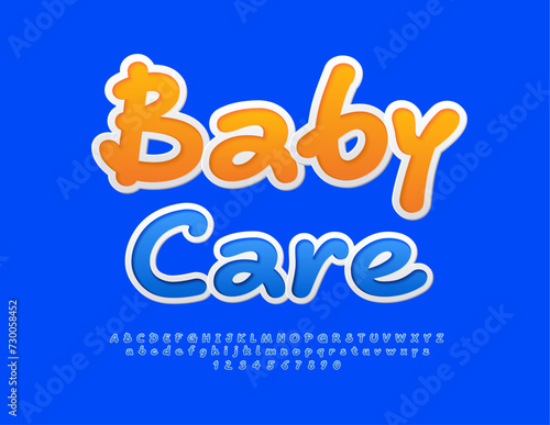 Vector cute template Baby Care. Funny Blue Font. Creative set of Alphabet Letters and Numbers.