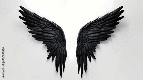 A pair of grand black angel wings, elegantly stretching out on a solid white background, emanating a sense of otherworldly beauty