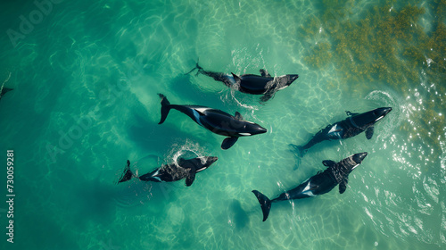 A pod of orca whales swims in a group. © Gun