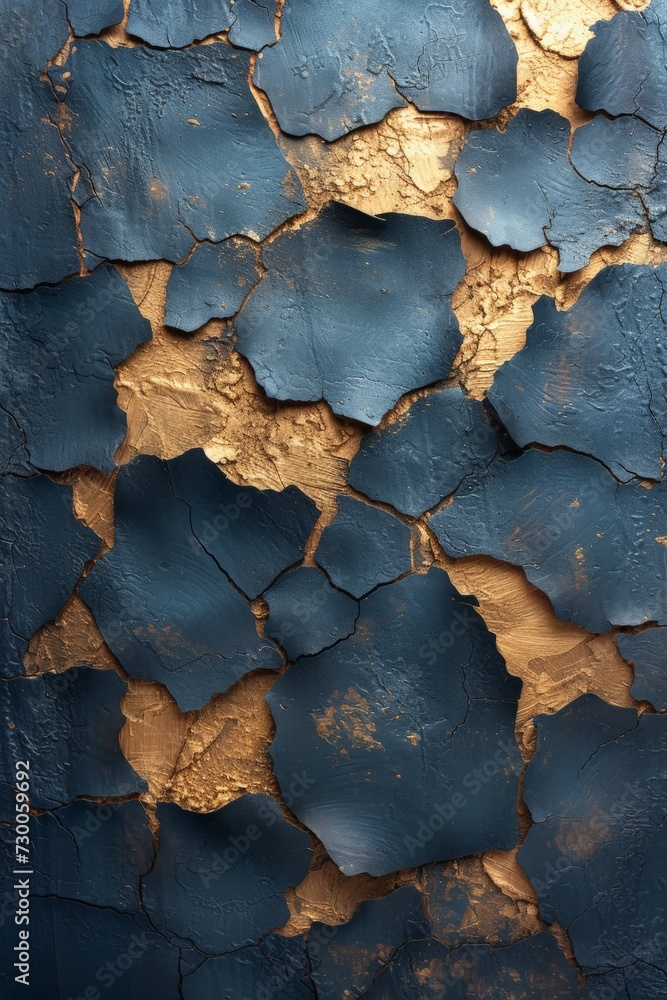 Richly Textured Surface gives Impression of Weathered Metallic Wall - Color is a Deep Oceanic Blue with Hints of Lighter Blue Hues suggesting a Patina Effect created with Generative AI Technology