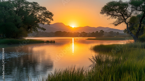 A vibrant sunrise, with golden hues as the background, during a serene morning