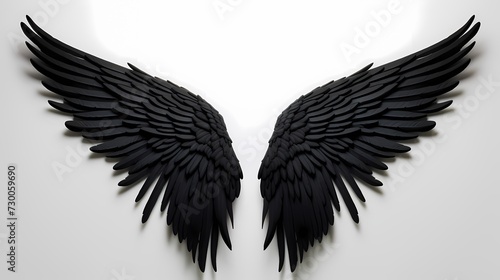 Bold and powerful black angel wings, perfectly symmetrical and imposing, contrasting against a solid white surface, radiating an air of divine strength