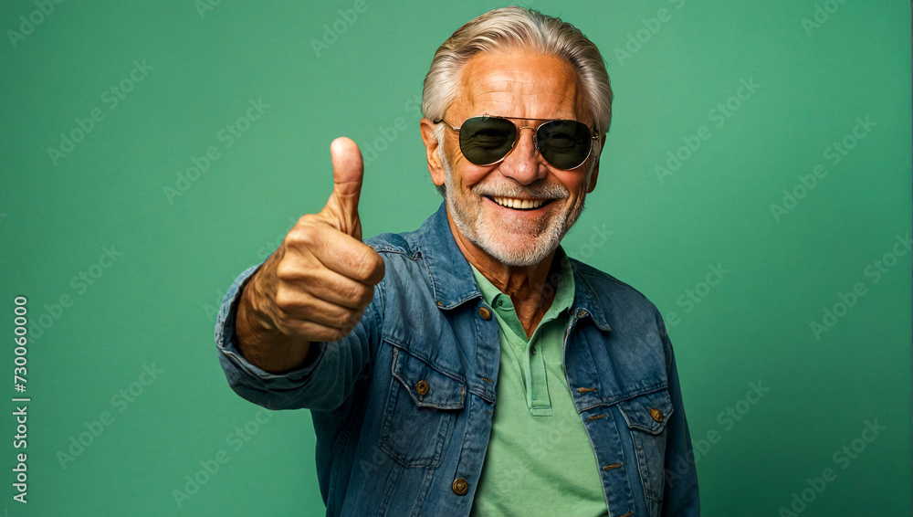 portrait of happy older person doing thumbs-up on a green background