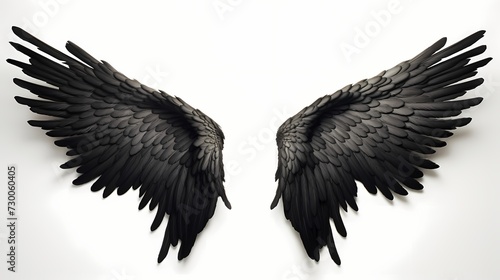 Delicate feathered angel wings in black, meticulously crafted and positioned against a clean white background, exuding a sense of divine beauty