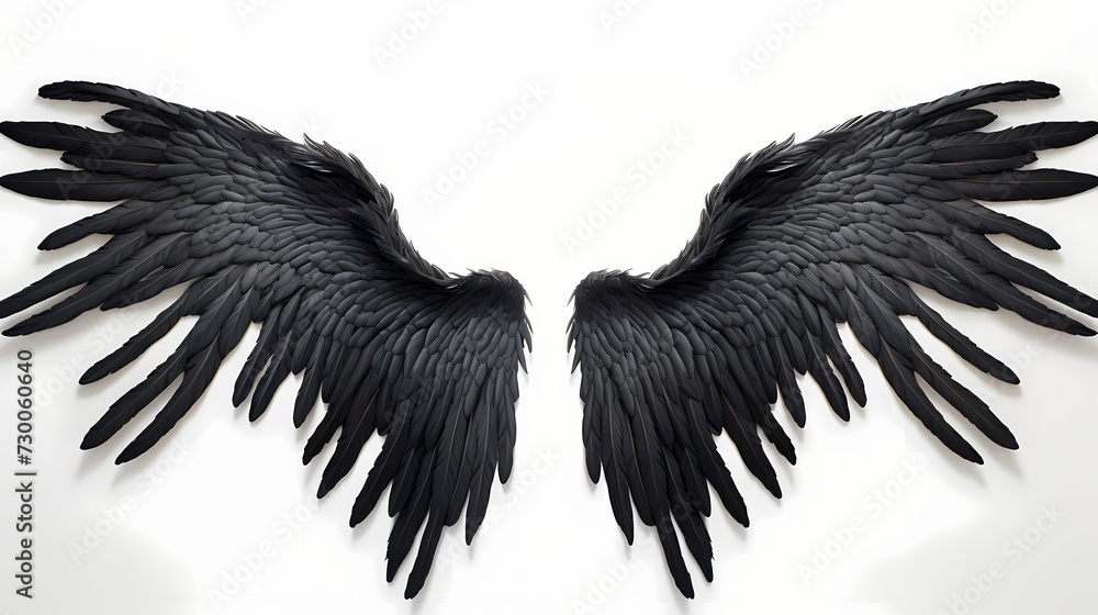 Fototapeta premium Delicate feathered black angel wings, meticulously arranged and gently extending against a clean white backdrop, symbolizing ethereal beauty