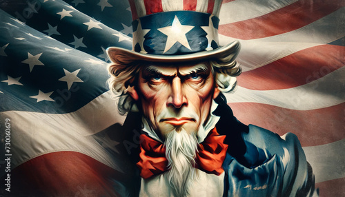 Painting of the Uncle Sam character, a symbol of patriotic appeal and government authority in American culture photo