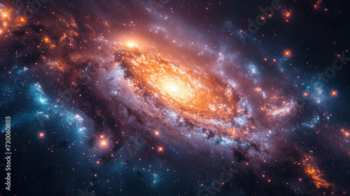 A spectacular image of a spiral galaxy, adorned with bright star clusters and cosmic dust, evokes the grandeur of the universe.