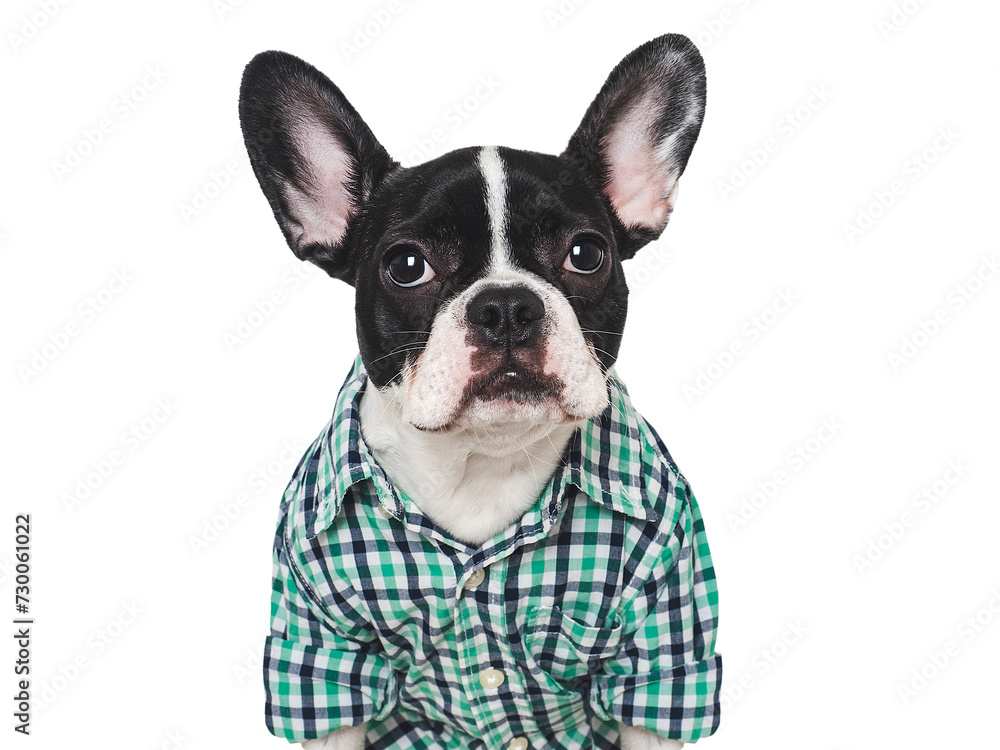 Cute puppy and green shirt. Close-up, indoors. Concept of beauty and fashion. Studio shot, isolated background. Congratulations for family, loved ones, relatives, friends and colleagues. Pets care