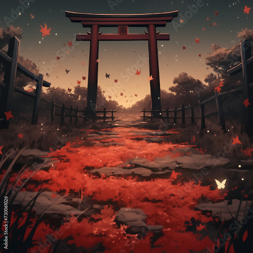 Japanese shrine with red torii gate and stone lantern. Generative AI