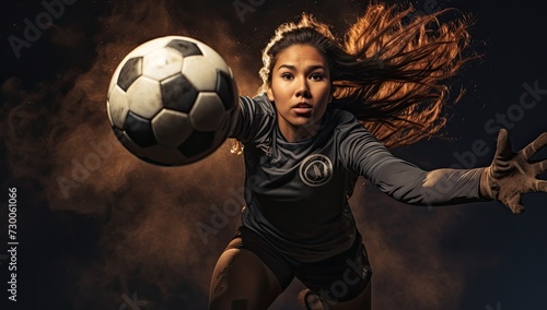 Agile and alert, the female goalkeeper grasps the ball with assurance, a testament to her prowess on the soccer field. © Murda