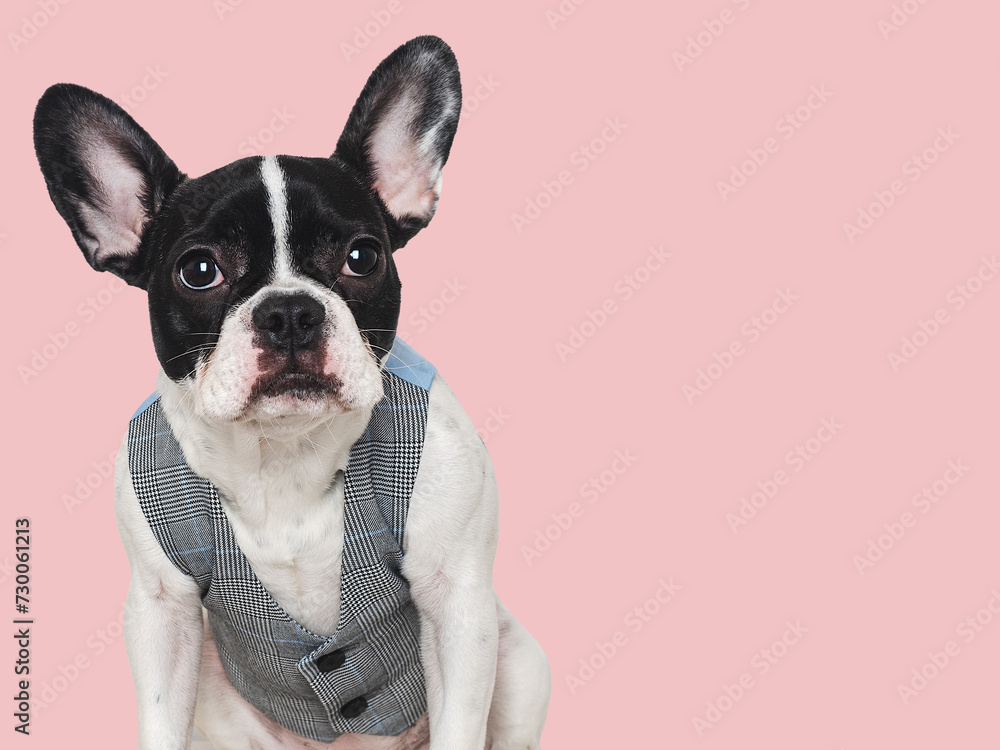 Cute puppy and vest. Close-up, indoors. Concept of beauty and fashion. Studio shot, isolated background. Congratulations for family, loved ones, relatives, friends and colleagues. Pets care