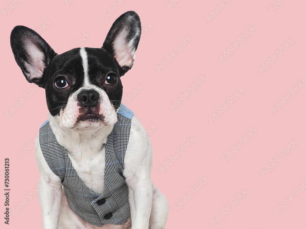 Fototapeta premium Cute puppy and vest. Close-up, indoors. Concept of beauty and fashion. Studio shot, isolated background. Congratulations for family, loved ones, relatives, friends and colleagues. Pets care