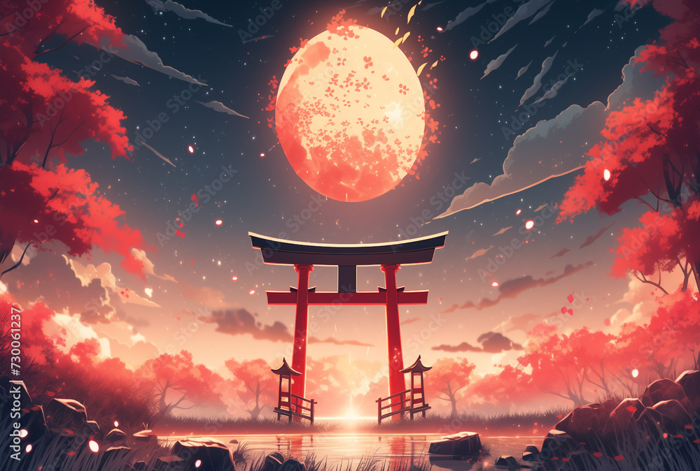 Japanese shrine with red torii gate and stone lantern. Generative AI - obrazy, fototapety, plakaty 